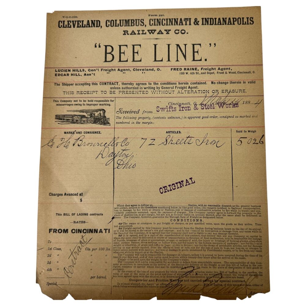 Vintage Cleveland, Columbus, Cincinnati & Indianapolis Railway Co. Receipt 1884